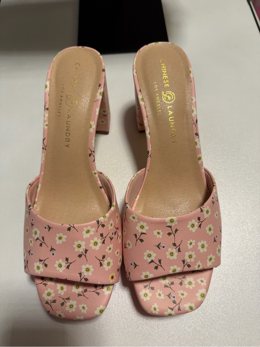 Chinese Laundry Pink Floral Square-Toe Block Heel Mules